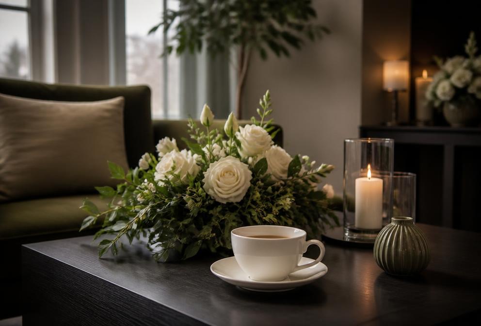 Kaffe og blomster dækket til en mindesammenkomst