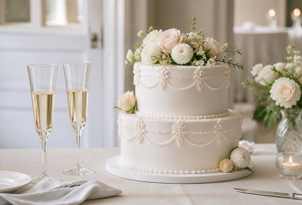 Hvid bryllupskage med blomster og champagneglas